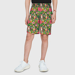 Шорты детские Летний котик с коктейлем в тропических цветах, цвет: 3D-принт — фото 2