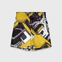 Шорты детские Бело-жёлтый техно паттерн на чёрном фоне, цвет: 3D-принт