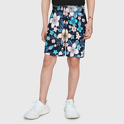 Шорты детские Сине-белые цветы на чёрном фоне, цвет: 3D-принт — фото 2
