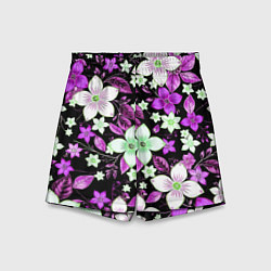 Шорты детские Фиолетово-белые цветы на чёрном фоне, цвет: 3D-принт