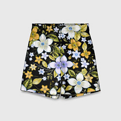 Шорты детские Жёлто-белые цветы на чёрном фоне, цвет: 3D-принт