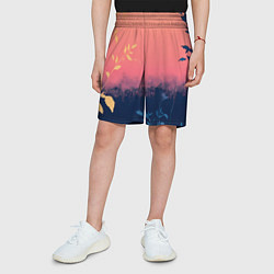 Шорты детские Листья на сине-розовом фоне - нейросеть, цвет: 3D-принт — фото 2