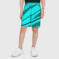 Шорты детские Неоновый голубой с чёрным абстракция с полосой, цвет: 3D-принт — фото 2