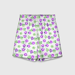 Шорты детские Зеленые фиолетовые цветы на белом фоне, цвет: 3D-принт