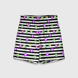 Шорты детские Фиолетовые зеленый цветы на черно белом полосатом, цвет: 3D-принт