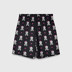Шорты детские Милый паттерн с черепами и сердцечками на черном ф, цвет: 3D-принт