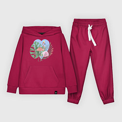 Костюм хлопковый детский Розовый фламинго на фоне пальмовых листьев и сердц, цвет: маджента