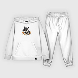 Костюм хлопковый детский Кошка обнимает череп, цвет: белый