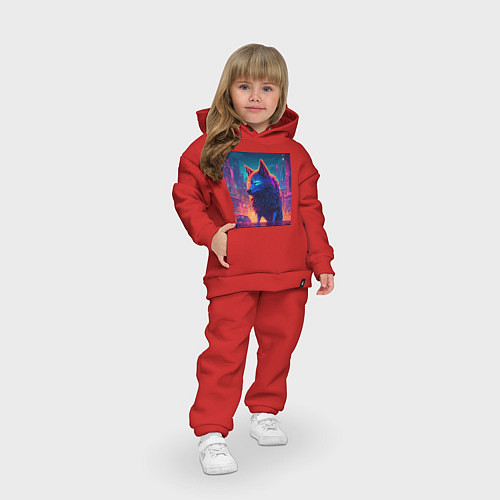 Детский костюм оверсайз Волк в неоновом киберпанк-городе / Красный – фото 3