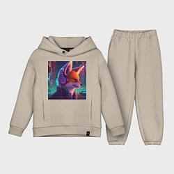 Детский костюм оверсайз Лис в наушниках на фоне киберпанк-города, цвет: миндальный