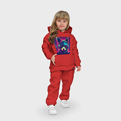 Детский костюм оверсайз Неоновый енот на фоне киберпанк-города, цвет: красный — фото 2