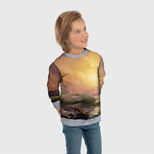 Детский свитшот Шторм в море девятый вал / 3D-Меланж – фото 3