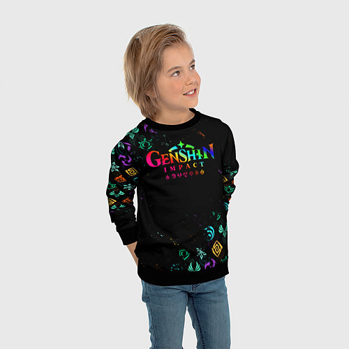 Детский свитшот GENSHIN IMPACT NEON LOGO RAINBOW STYLE, ЭМБЛЕМЫ / 3D-Черный – фото 3