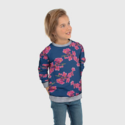 Свитшот детский Веточки айвы с розовыми цветами на синем фоне, цвет: 3D-меланж — фото 2