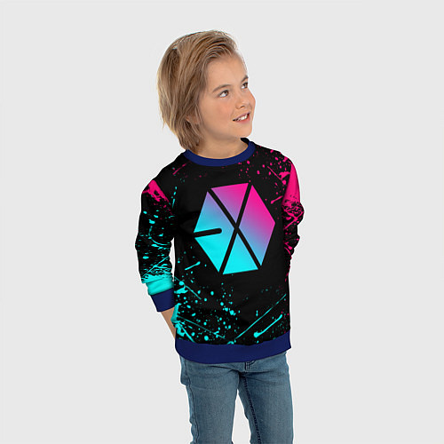 Детский свитшот EXO BAND NEON LOGO НЕОНОВЫЕ БРЫЗГИ КРАСОК / 3D-Синий – фото 3