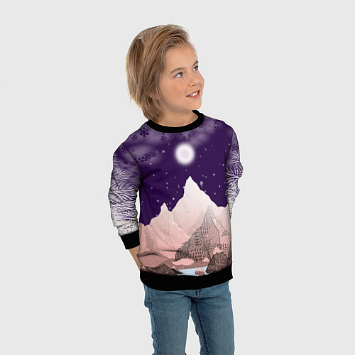 Детский свитшот Зимнее лунное небо в горах со снегопадом / 3D-Черный – фото 3
