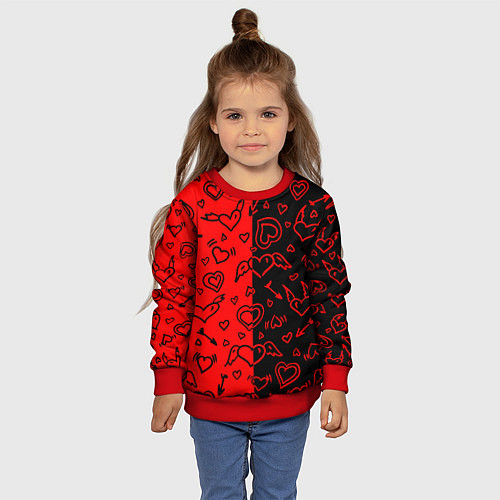 Детский свитшот Черно-Красные сердца с крылышками / 3D-Красный – фото 4