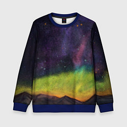Свитшот детский Горный пейзаж со звёздным небом и северным сиянием, цвет: 3D-синий