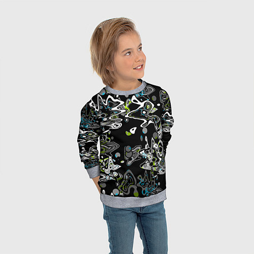 Детский свитшот Черно-белый с синими вкраплениями абстрактный узор / 3D-Меланж – фото 3