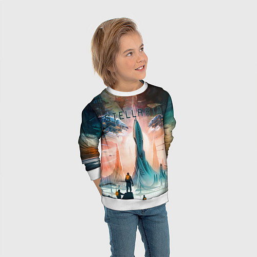 Детский свитшот Stellaris космические корабли на фоне башни / 3D-Белый – фото 3