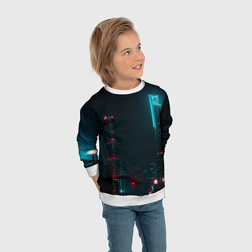 Детский свитшот Неоновые высотки в городе - Светло-синий / 3D-Белый – фото 3