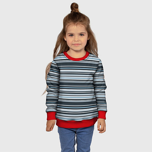 Детский свитшот Горизонтальные синие, голубые, белые полосы / 3D-Красный – фото 4
