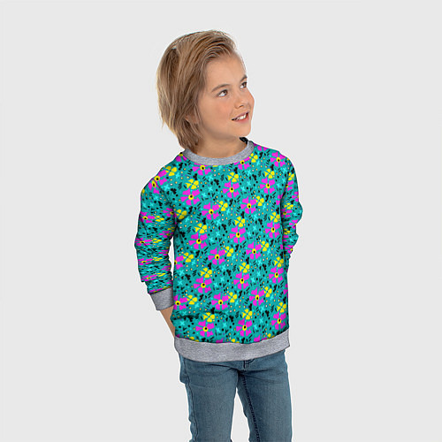 Детский свитшот Яркий цветочный узор на бирюзовом фоне / 3D-Меланж – фото 3