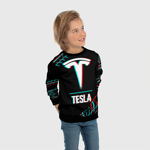 Детский свитшот Значок Tesla в стиле Glitch на темном фоне / 3D-Черный – фото 3
