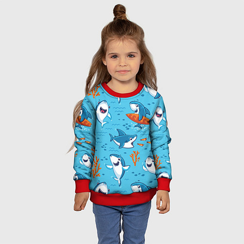 Детский свитшот Прикольные акулята - паттерн / 3D-Красный – фото 4