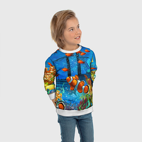 Детский свитшот Затонувший корабль в окружении обитателей океана / 3D-Белый – фото 3