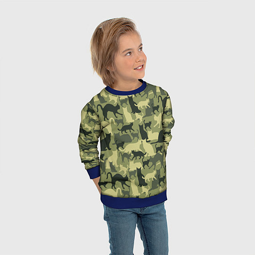 Детский свитшот Кошачий камуфляж в зеленой гамме / 3D-Синий – фото 3