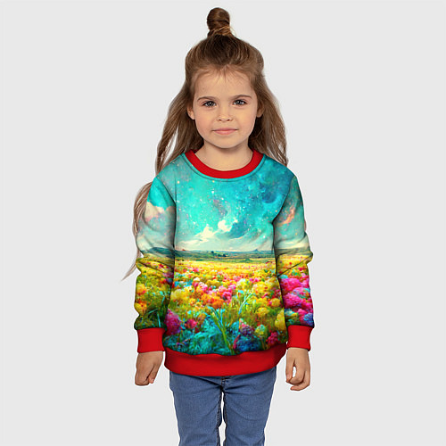 Детский свитшот Бесконечное поле цветов / 3D-Красный – фото 4