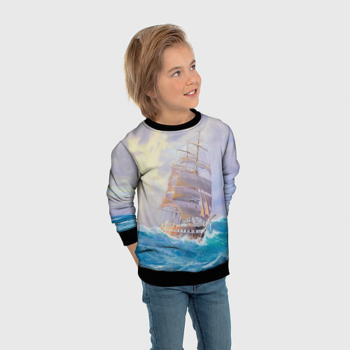 Детский свитшот Фрегат в штормовом океане / 3D-Черный – фото 3