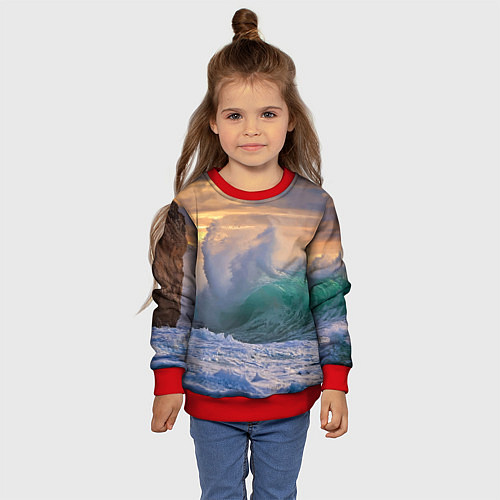 Детский свитшот Штормовая волна, накатывающая на берег / 3D-Красный – фото 4