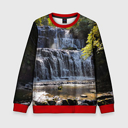 Свитшот детский Водопад, солнечные лучи и лес, цвет: 3D-красный
