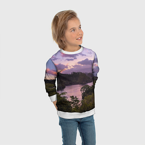 Детский свитшот Пейзаж вечерней реки и леса / 3D-Белый – фото 3