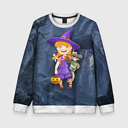 Свитшот детский Ведьма малолетка в тёмном лесу с дракончиком, цвет: 3D-белый