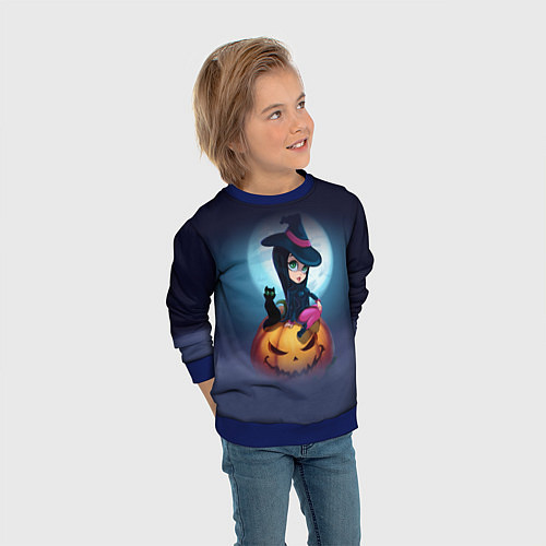 Детский свитшот Маленькая прикольная ведьмочка с милым котёнком / 3D-Синий – фото 3