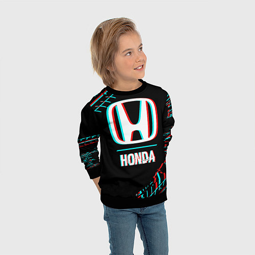 Детский свитшот Значок Honda в стиле glitch на темном фоне / 3D-Черный – фото 3