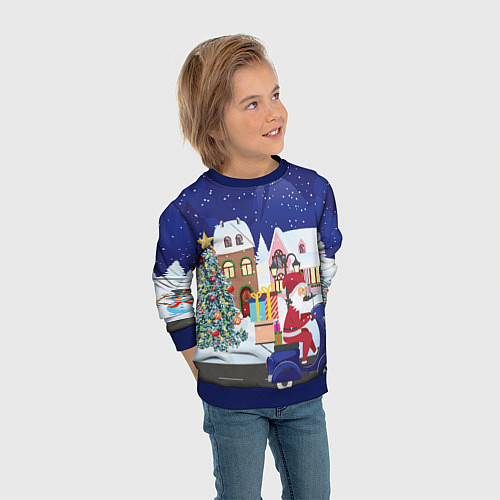 Детский свитшот Дед Мороз едет на скутере с подарками в Новогоднюю / 3D-Синий – фото 3