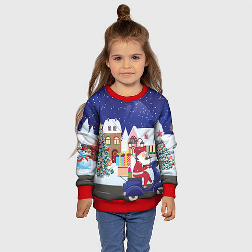 Детский свитшот Дед Мороз едет на скутере с подарками в Новогоднюю / 3D-Красный – фото 4