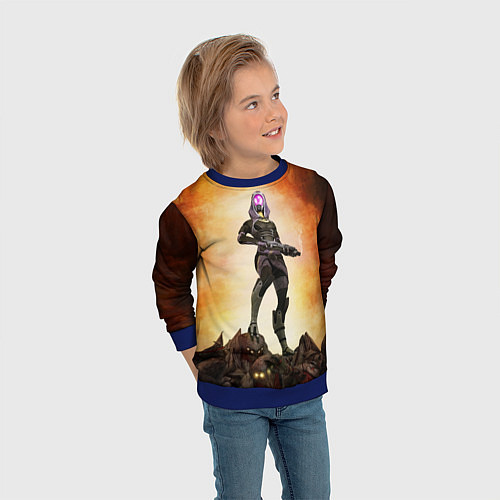 Детский свитшот Кварианка стоит на горе трупов в свете огня / 3D-Синий – фото 3