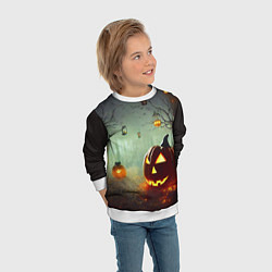 Свитшот детский Тыква на Хэллоуин в ночном туманном лесу, цвет: 3D-белый — фото 2
