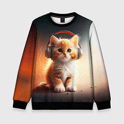 Свитшот детский Милый рыжий котёнок в наушниках, цвет: 3D-черный