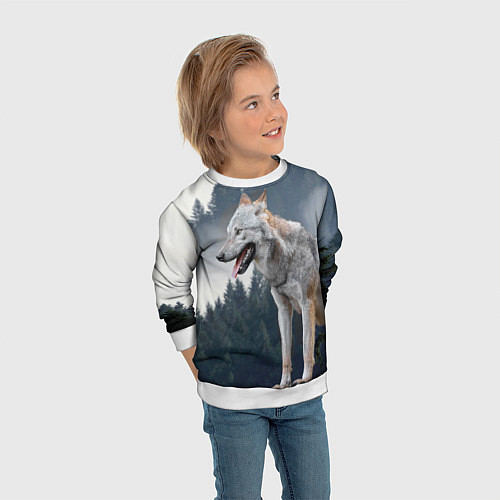 Детский свитшот Волк на фоне леса / 3D-Белый – фото 3