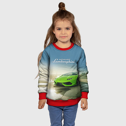 Детский свитшот Ламборджини на берегу океана / 3D-Красный – фото 4