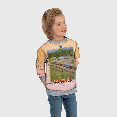 Детский свитшот Яранск - рельсовый автобус и городская площадь / 3D-Меланж – фото 3