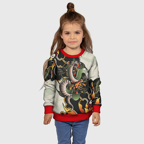 Детский свитшот Змея в японских пионах / 3D-Красный – фото 4