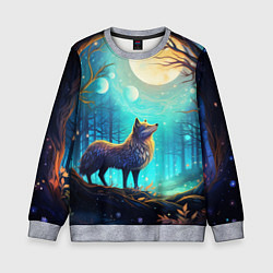 Свитшот детский Волк в ночном лесу в folk art стиле, цвет: 3D-меланж
