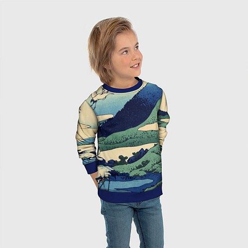 Детский свитшот Журавли - японский художник Хокусай Фудзи / 3D-Синий – фото 3